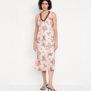 Old Navy Pink Floral Lace Trim Satin Midi Dress - S